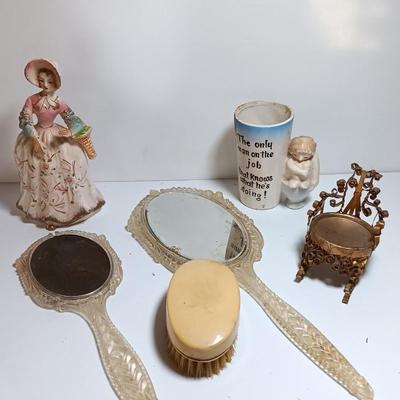 Vintage Women's vanity set with porcelain doll - unique mug and small metal chair.