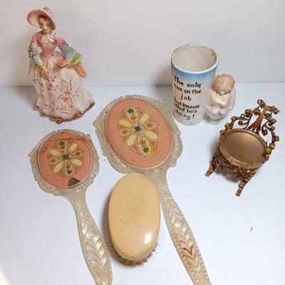 Vintage Women's vanity set with porcelain doll - unique mug and small metal chair.