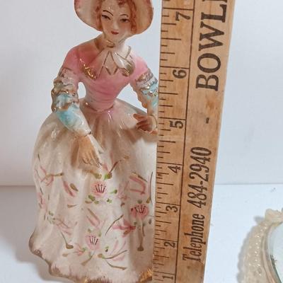 Vintage Women's vanity set with porcelain doll - unique mug and small metal chair.