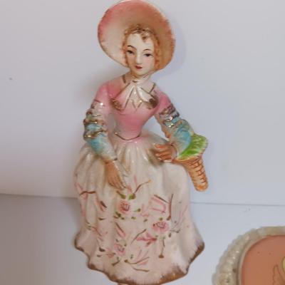 Vintage Women's vanity set with porcelain doll - unique mug and small metal chair.