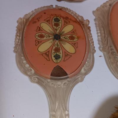 Vintage Women's vanity set with porcelain doll - unique mug and small metal chair.