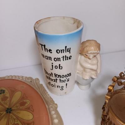 Vintage Women's vanity set with porcelain doll - unique mug and small metal chair.