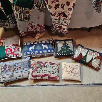 Large Collection of Christmas Pillows, Rugs, Mats, Quilts & More  (S1-JS)