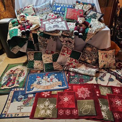 Large Collection of Christmas Pillows, Rugs, Mats, Quilts & More  (S1-JS)