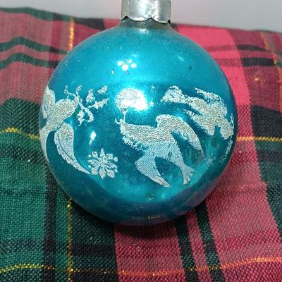Three blue Shiny Brite ornaments with Doves