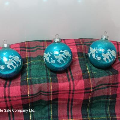 Three blue Shiny Brite ornaments with Doves