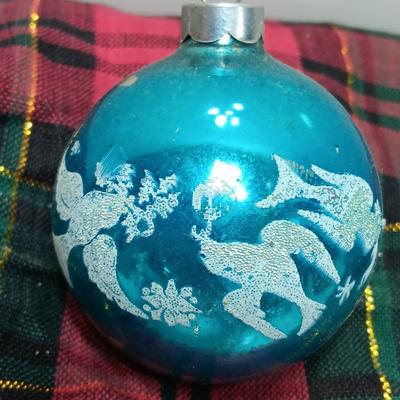 Three blue Shiny Brite ornaments with Doves
