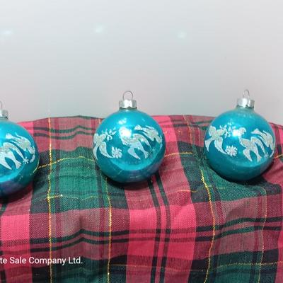 Three blue Shiny Brite ornaments with Doves