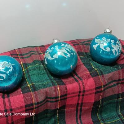 Three blue Shiny Brite ornaments with Doves