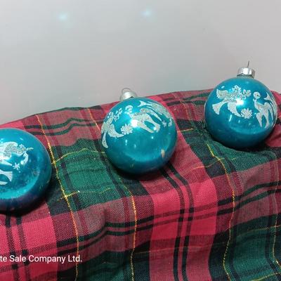 Three blue Shiny Brite ornaments with Doves
