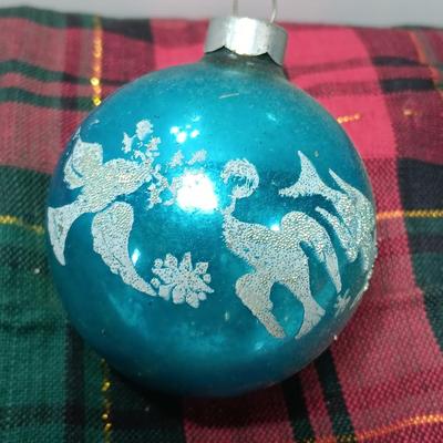 Three blue Shiny Brite ornaments with Doves