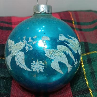 Three blue Shiny Brite ornaments with Doves