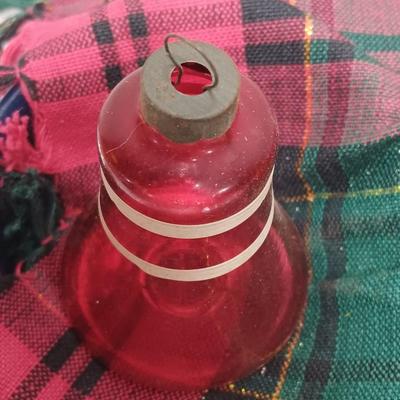 Four vintage glass bell ornaments - shiny Brite red and yellow