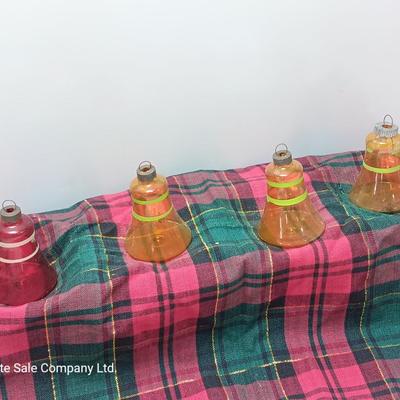 Four vintage glass bell ornaments - shiny Brite red and yellow