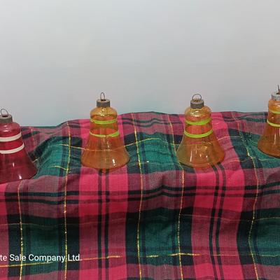 Four vintage glass bell ornaments - shiny Brite red and yellow