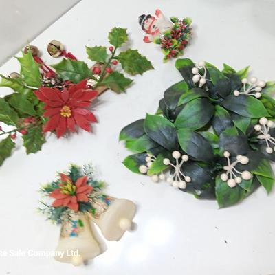 Vintage Plastic Christmas greenery with- bells - and snowman