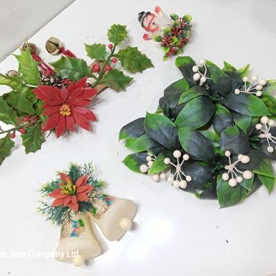 Vintage Plastic Christmas greenery with- bells - and snowman
