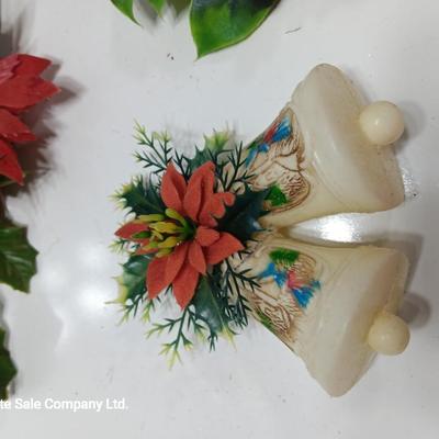 Vintage Plastic Christmas greenery with- bells - and snowman