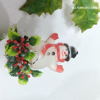Vintage Plastic Christmas greenery with- bells - and snowman