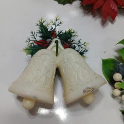 Vintage Plastic Christmas greenery with- bells - and snowman