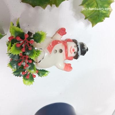 Vintage Plastic Christmas greenery with- bells - and snowman