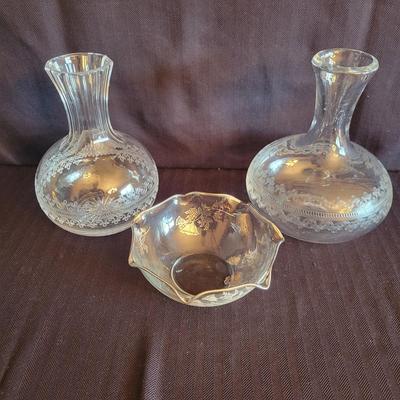 Two Etched Crystal Vases and a Glass Bowl (DR-DW)