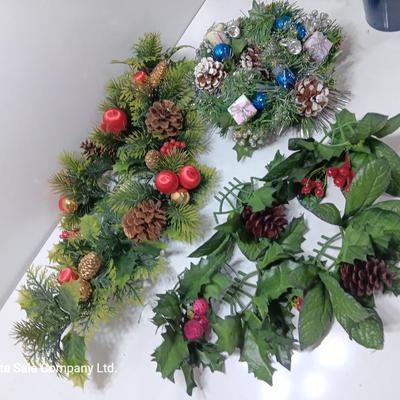 Vintage plastic greenery Christmas pinecones and presents