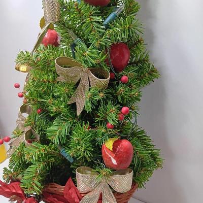 Vintage flat backed tree in a basket with handmade JOY and macramÃ© like bells