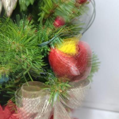Vintage flat backed tree in a basket with handmade JOY and macramÃ© like bells