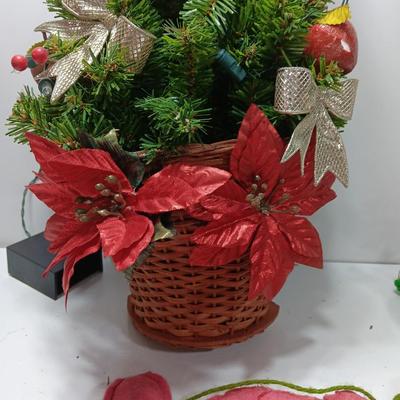 Vintage flat backed tree in a basket with handmade JOY and macramÃ© like bells
