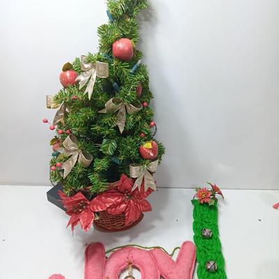 Vintage flat backed tree in a basket with handmade JOY and macramÃ© like bells