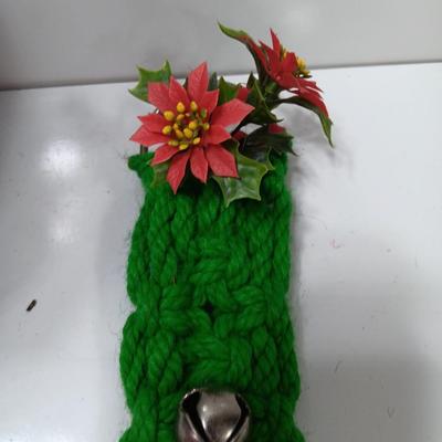 Vintage flat backed tree in a basket with handmade JOY and macramÃ© like bells