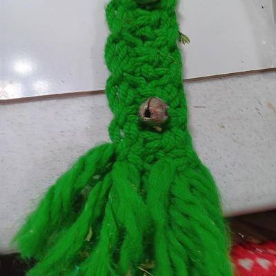 Vintage flat backed tree in a basket with handmade JOY and macramÃ© like bells