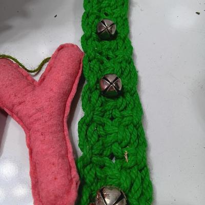 Vintage flat backed tree in a basket with handmade JOY and macramÃ© like bells