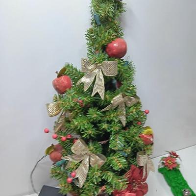 Vintage flat backed tree in a basket with handmade JOY and macramÃ© like bells