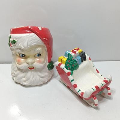 Vintage Japan marked Santa container and unmarked Colorful ceramic Sleigh.