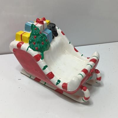 Vintage Japan marked Santa container and unmarked Colorful ceramic Sleigh.