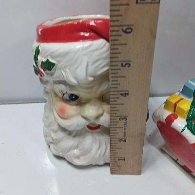 Vintage Japan marked Santa container and unmarked Colorful ceramic Sleigh.
