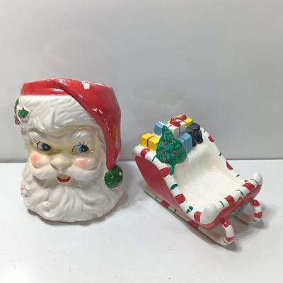 Vintage Japan marked Santa container and unmarked Colorful ceramic Sleigh.