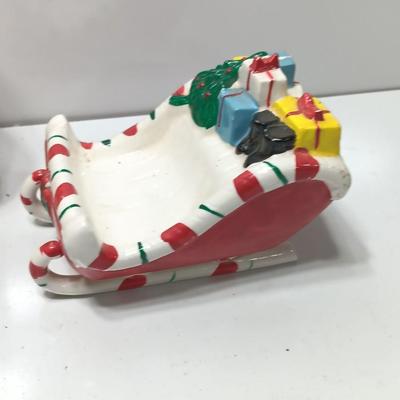 Vintage Japan marked Santa container and unmarked Colorful ceramic Sleigh.