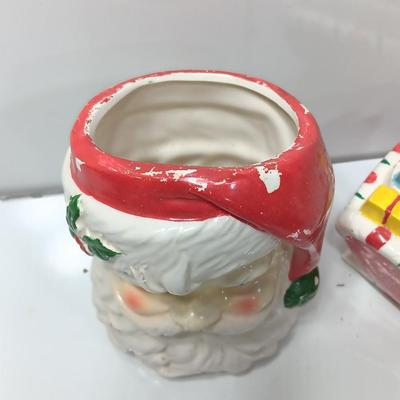 Vintage Japan marked Santa container and unmarked Colorful ceramic Sleigh.
