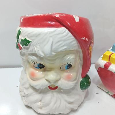 Vintage Japan marked Santa container and unmarked Colorful ceramic Sleigh.