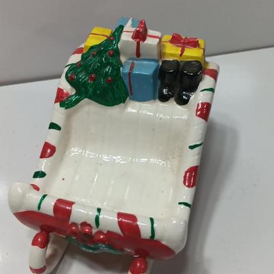 Vintage Japan marked Santa container and unmarked Colorful ceramic Sleigh.