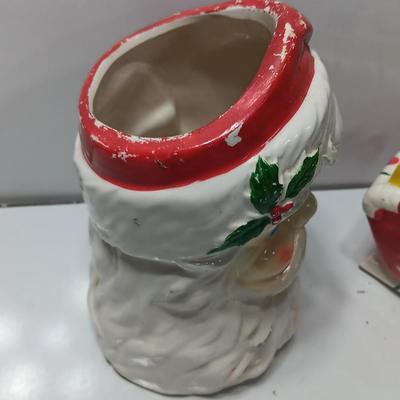 Vintage Japan marked Santa container and unmarked Colorful ceramic Sleigh.