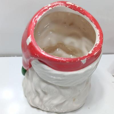 Vintage Japan marked Santa container and unmarked Colorful ceramic Sleigh.