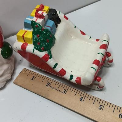 Vintage Japan marked Santa container and unmarked Colorful ceramic Sleigh.