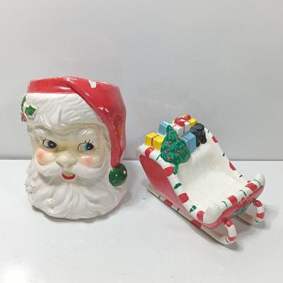 Vintage Japan marked Santa container and unmarked Colorful ceramic Sleigh.