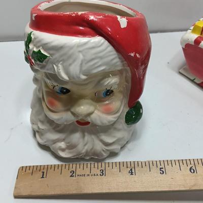 Vintage Japan marked Santa container and unmarked Colorful ceramic Sleigh.
