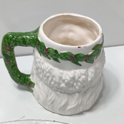 Two Santa head mugs and a Teddy bear platter - Cookies and Milk please!