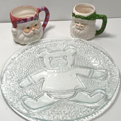 Two Santa head mugs and a Teddy bear platter - Cookies and Milk please!